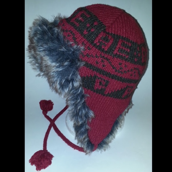 AE Wool TRAPPER HAT Vegan Fur Unisex RED Snow Ski Beanie Winter Cold Accessory - Picture 3 of 6